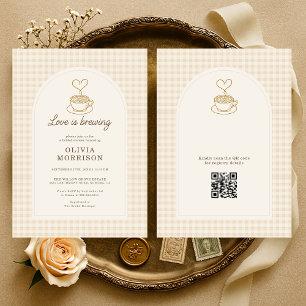 Gingham Love is Brewing QR Code Bridal Shower Invitation