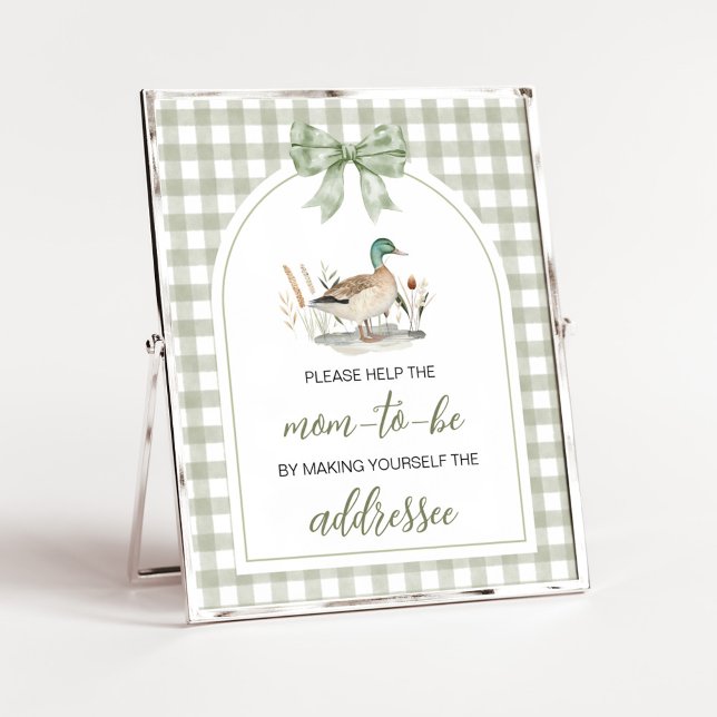 Gingham Mallard Duck Baby Envelope Station Sign (Sage Green Gingham Mallard Duck Hunting Country Baby Shower Sign)
