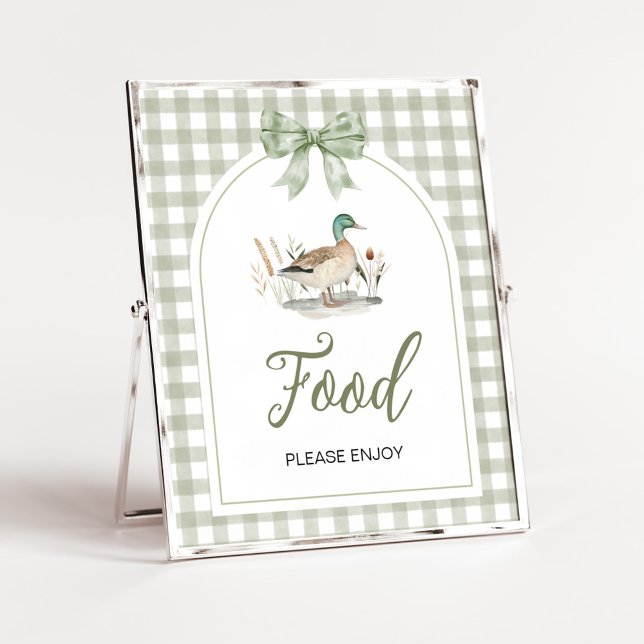 Gingham Mallard Duck Baby Shower Food Sign (Sage Green Gingham Mallard Duck Hunting Country Baby Shower Sign)