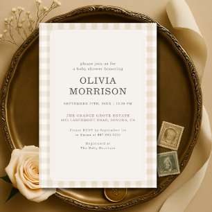 Gingham Neutral Beige Baby Shower Invitation