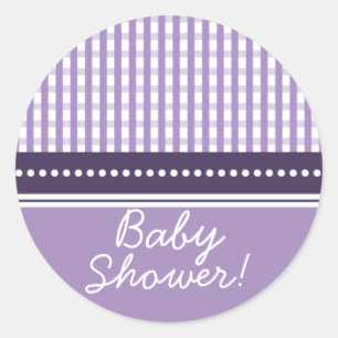 Gingham New Baby Baby Shower Sticker :: Lilac
