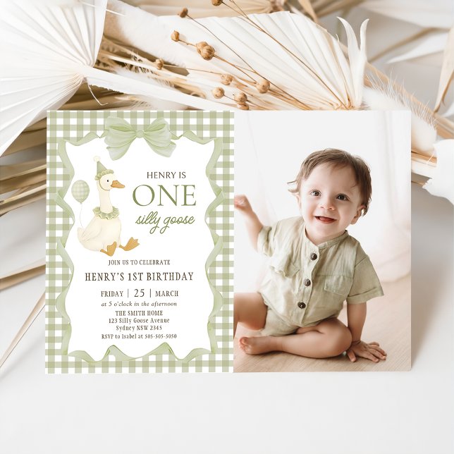 Gingham One Silly Goose 1st Birthday Photo Invitation (Creator Uploaded)