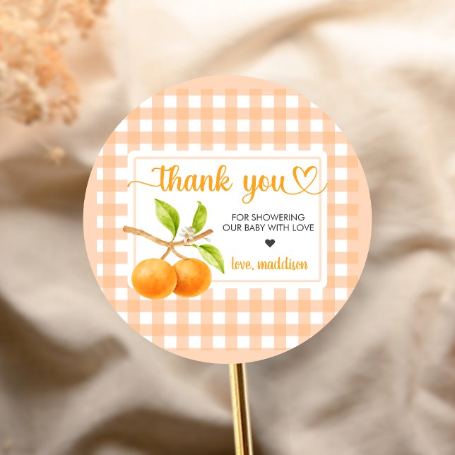 Gingham Orange Baby Shower Classic Round Sticker (Little Cutie Orange Baby Shower Sticker)