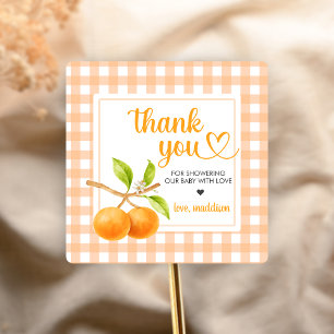 Gingham Orange Baby Shower Square Sticker