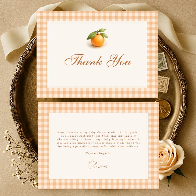 Gingham Orange Little Cutie Baby Shower Thank You Card (Creator Uploaded)