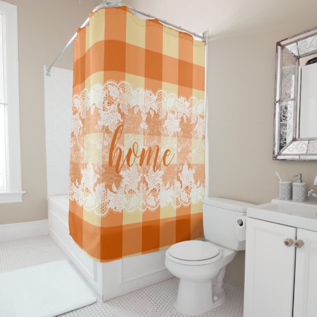 Gingham orange pattern white lace home script  sho shower curtain (In Situ)