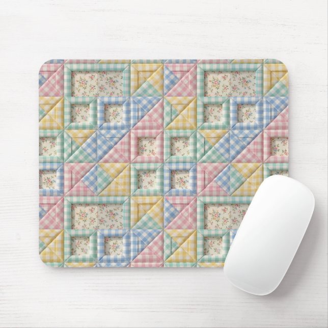 Gingham Patchwork Quilt Pattern Mouse Mat (With Mouse)