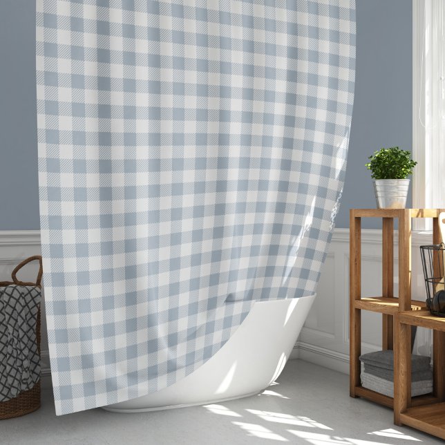 Gingham Pattern Coastal Checkered White Muted Blue Shower Curtain (Creator Uploaded)
