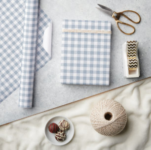 Gingham Pattern Coastal Checkered White Muted Blue Wrapping Paper