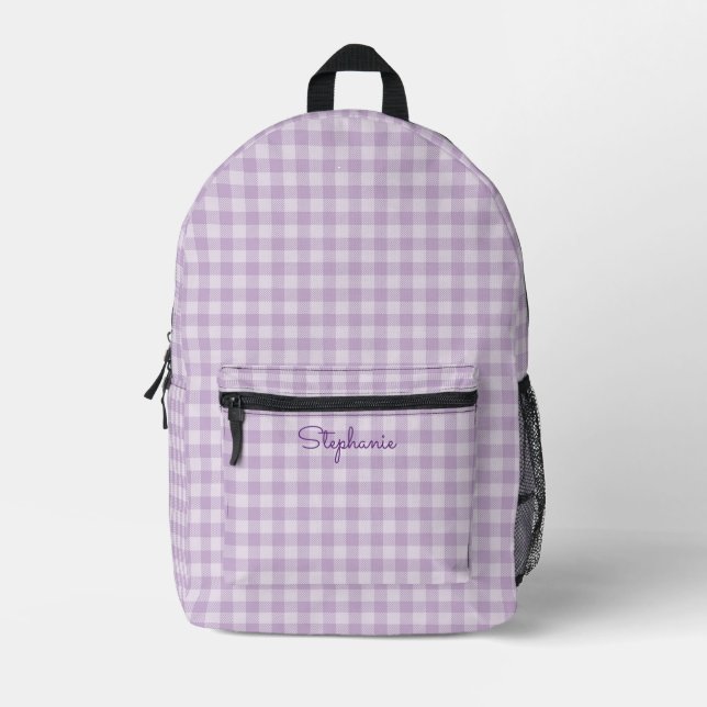 Gingham Pattern Girly Pastel Lilac Lavender Name Printed Backpack (Front)