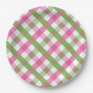 Gingham Pattern Green and Pink Paper Plate