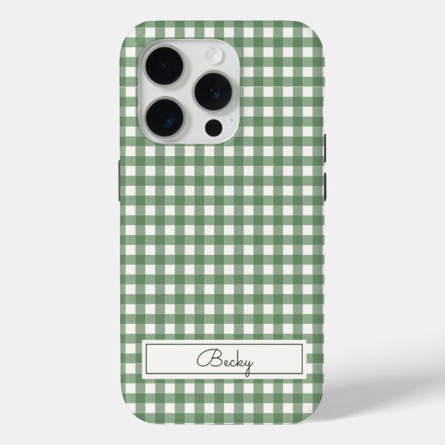 Gingham Pattern in Green with Name Case-Mate iPhone Case (Back)