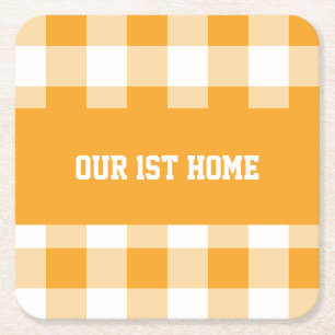 Gingham Pattern Our 1st Home Square Paper Coaster