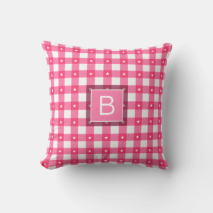 Gingham Pattern Stars Pink White Custom Monogram Cushion