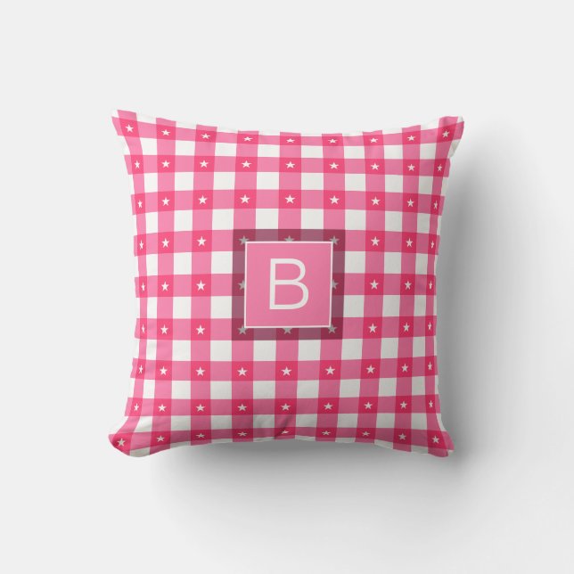 Gingham Pattern Stars Pink White Custom Monogram Cushion (Front)