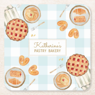 Gingham Pattern Watercolor Pastries Baking Bakery Square Paper Coaster