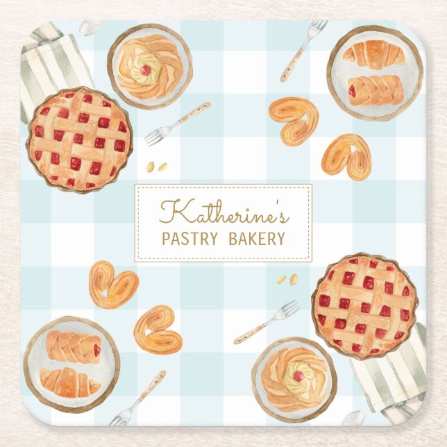 Gingham Pattern Watercolor Pastries Baking Bakery Square Paper Coaster (Front)
