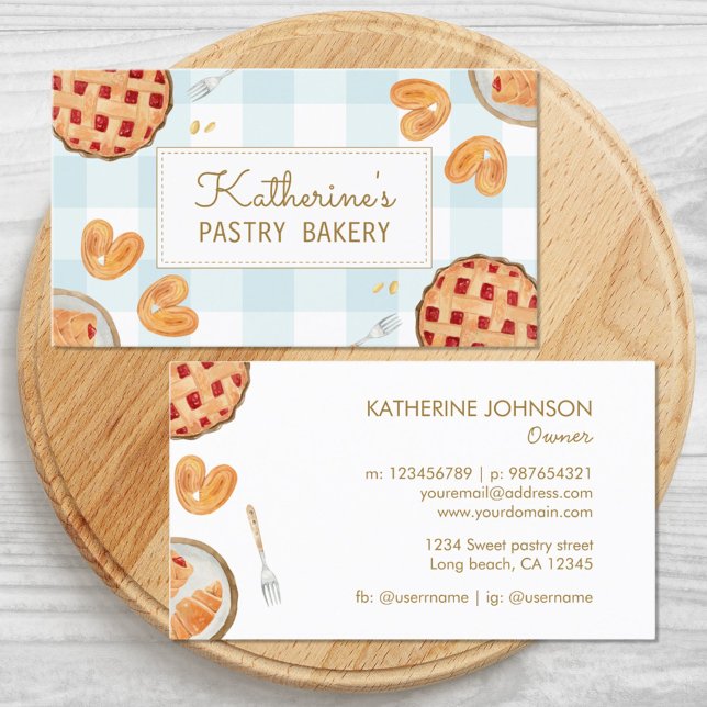 Gingham Pattern Watercolor Pastry Chef Bakery Business Card (Front and Back)