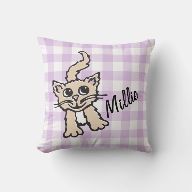 Gingham patterned cat purple & white throw pillow (Front)