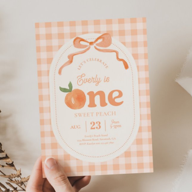 Gingham Peach First Birthday Invitation (Creator Uploaded)
