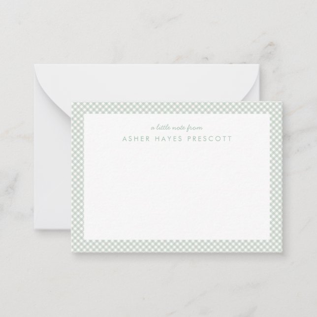 Gingham personalised children's green note card (Front)