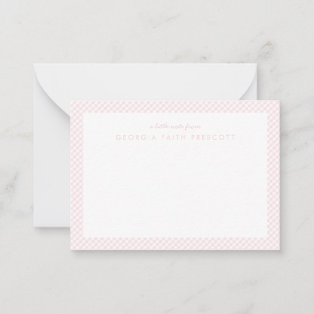 Gingham personalised children's pink note card (Front)