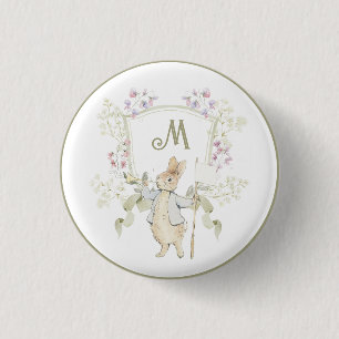 Gingham Peter the Rabbit Blue Monogram Baby Shower 3 Cm Round Badge