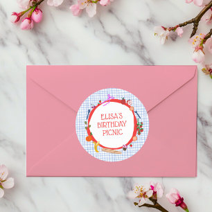 Gingham Picnic Modern Cute CUSTOM BIRTHDAY PARTY Classic Round Sticker