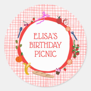 Gingham Picnic Modern Cute CUSTOM BIRTHDAY PARTY Classic Round Sticker
