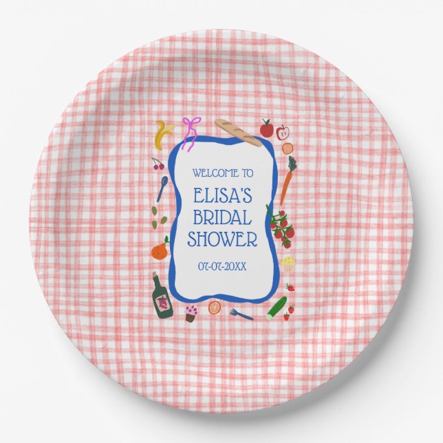 Gingham Picnic Modern Cute CUSTOM Bridal Shower Paper Plate (Front)