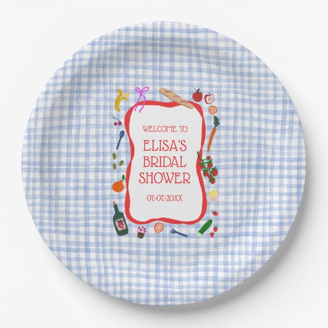 Gingham Picnic Modern Cute CUSTOM Bridal Shower Paper Plate (Front)