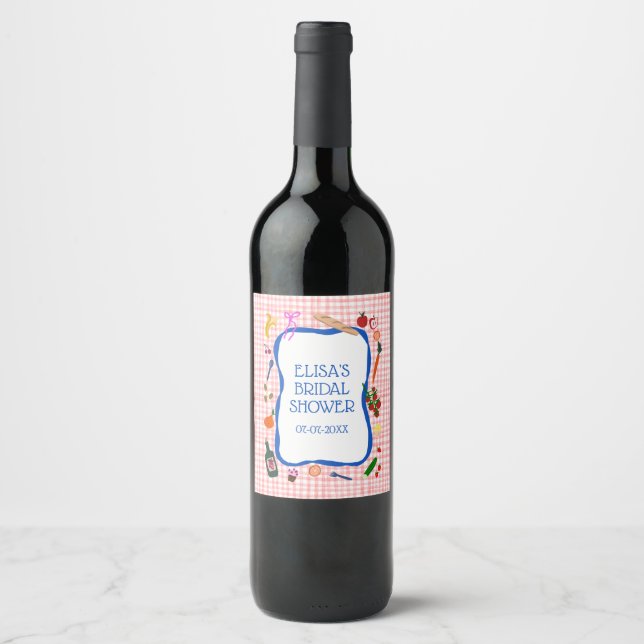 Gingham Picnic Modern Cute CUSTOM Bridal Shower Wine Label (Front)
