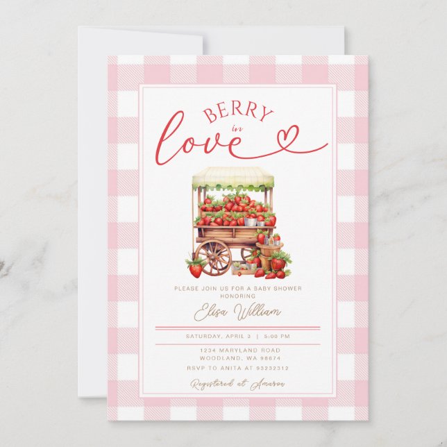 Gingham Pink Berry in love baby shower Invitation (Front)