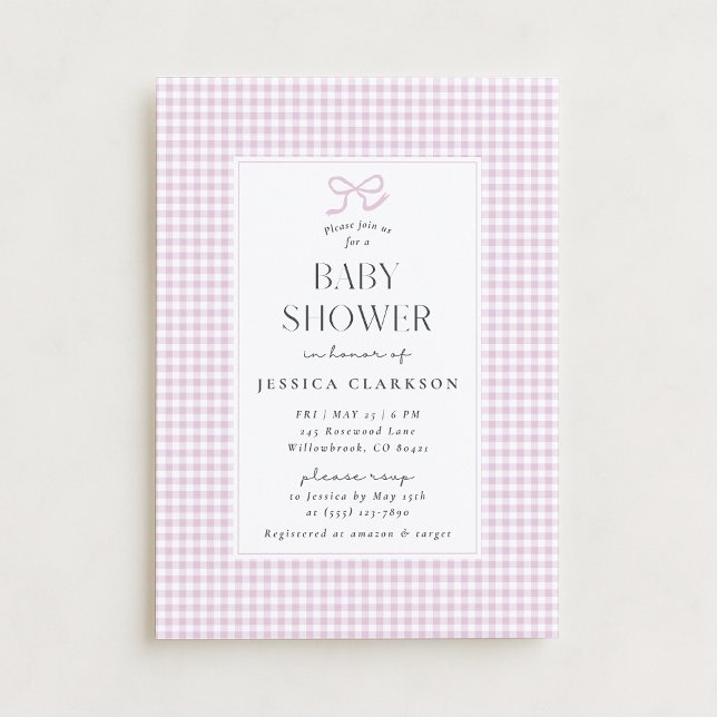 Gingham Pink Bow Baby Girl Baby Shower Invitation (Creator Uploaded)