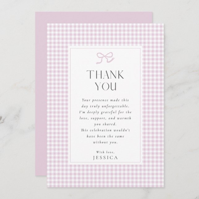 Gingham Pink Bow Baby Girl  Thank You Card (Front/Back)