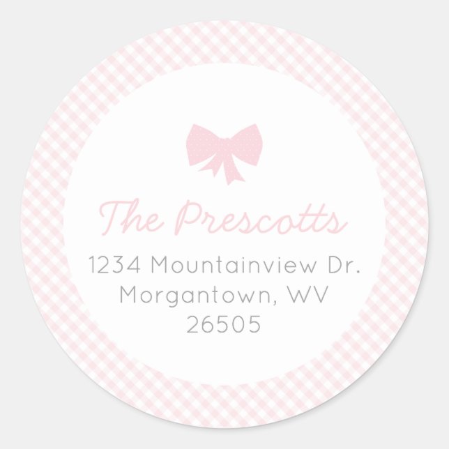 Gingham pink bow baby shower classic round sticker (Front)