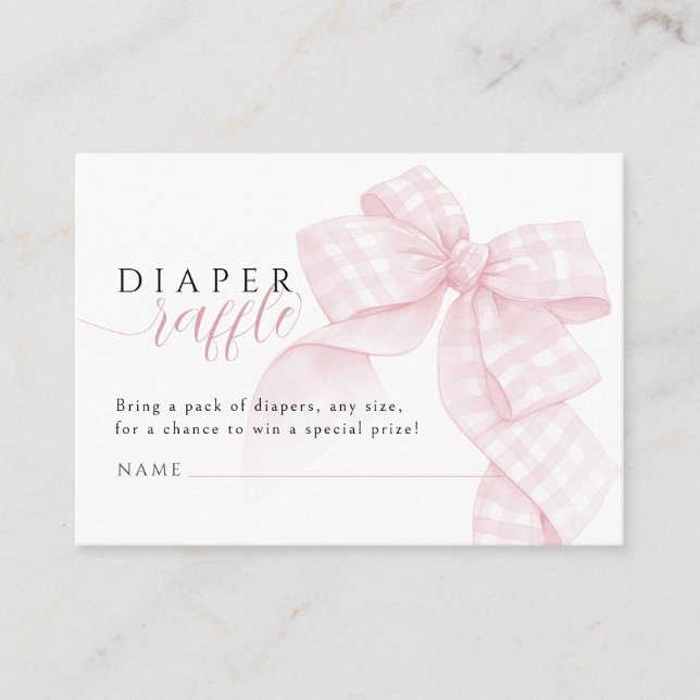 Gingham Pink Bow Baby Shower Diaper Raffle Enclosure Card (Front)