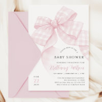 Gingham Pink Bow Baby Shower Invitation