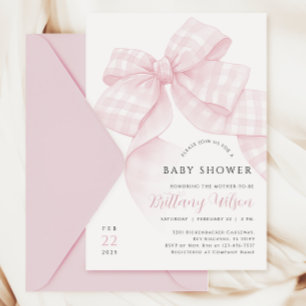 Gingham Pink Bow Baby Shower Invitation