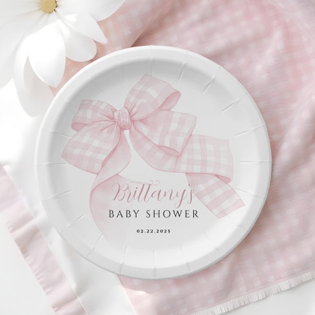 Gingham Pink Bow Baby Shower Paper Plate (Creator Uploaded)