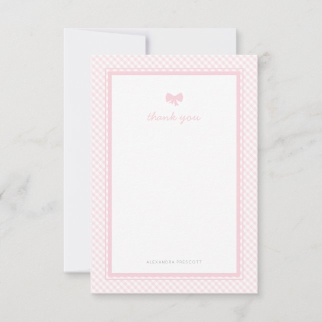 Gingham pink bow baby shower thank you card (Front)