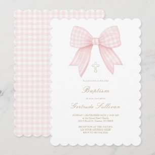 gingham pink bow Baptism Invitation