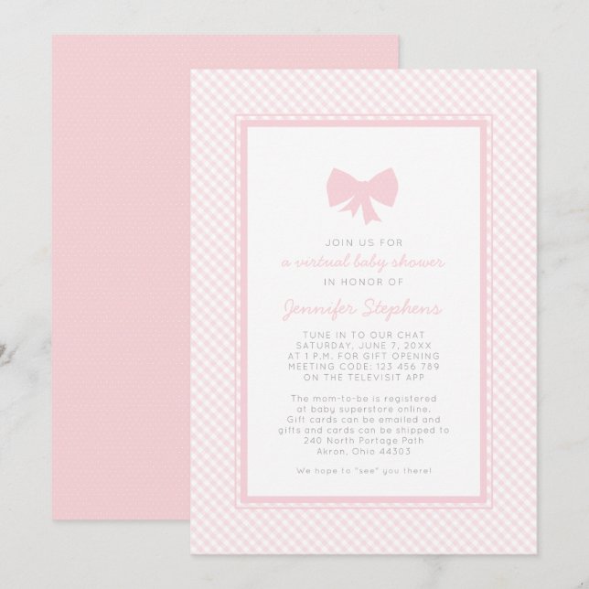 Gingham pink bow  virtual baby shower invitation (Front/Back)