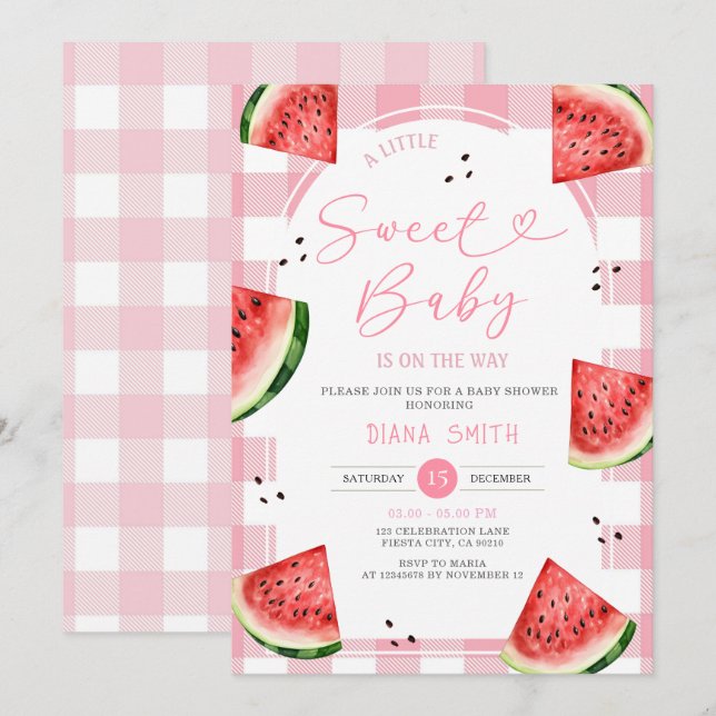 Gingham Pink Bow Watermelon Baby Shower Invitation (Front/Back)