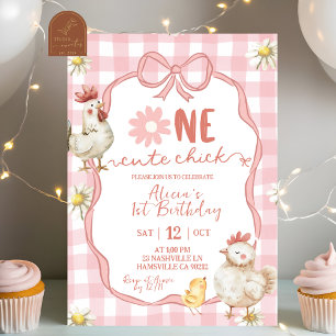 Gingham Pink Daisy One Cute Chick 1st Birthday Invitation