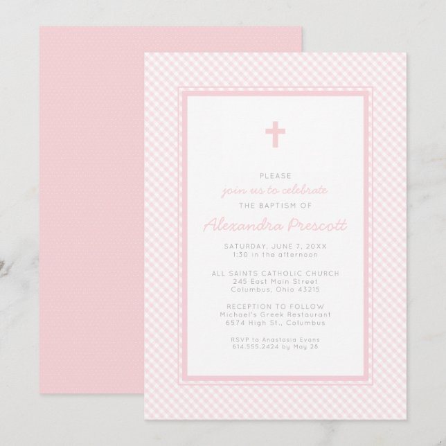 Gingham pink girl baptism invitation (Front/Back)