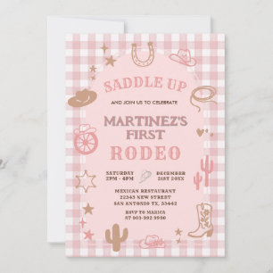 Gingham Pink Girl My First Rodeo Cowgirl Birthday Invitation