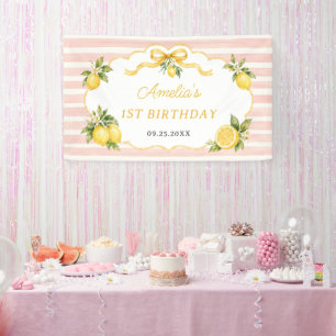 Gingham Pink Lemon Themed 1st Birthday Banner