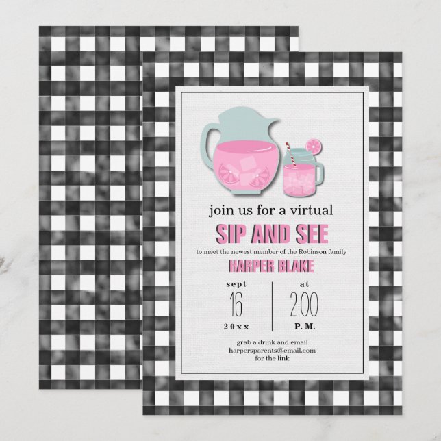 Gingham Pink Lemonade Virtual Sip & See Baby Invitation (Front/Back)