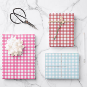 Gingham Pink Red Blue & White Trendy Plaid Pattern Wrapping Paper Sheet